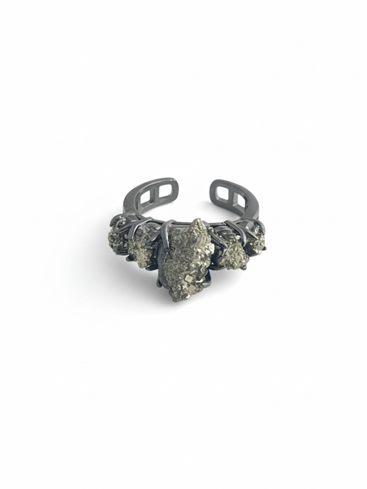 Chalcopyrite raw mineral specimen ring from Peru front view