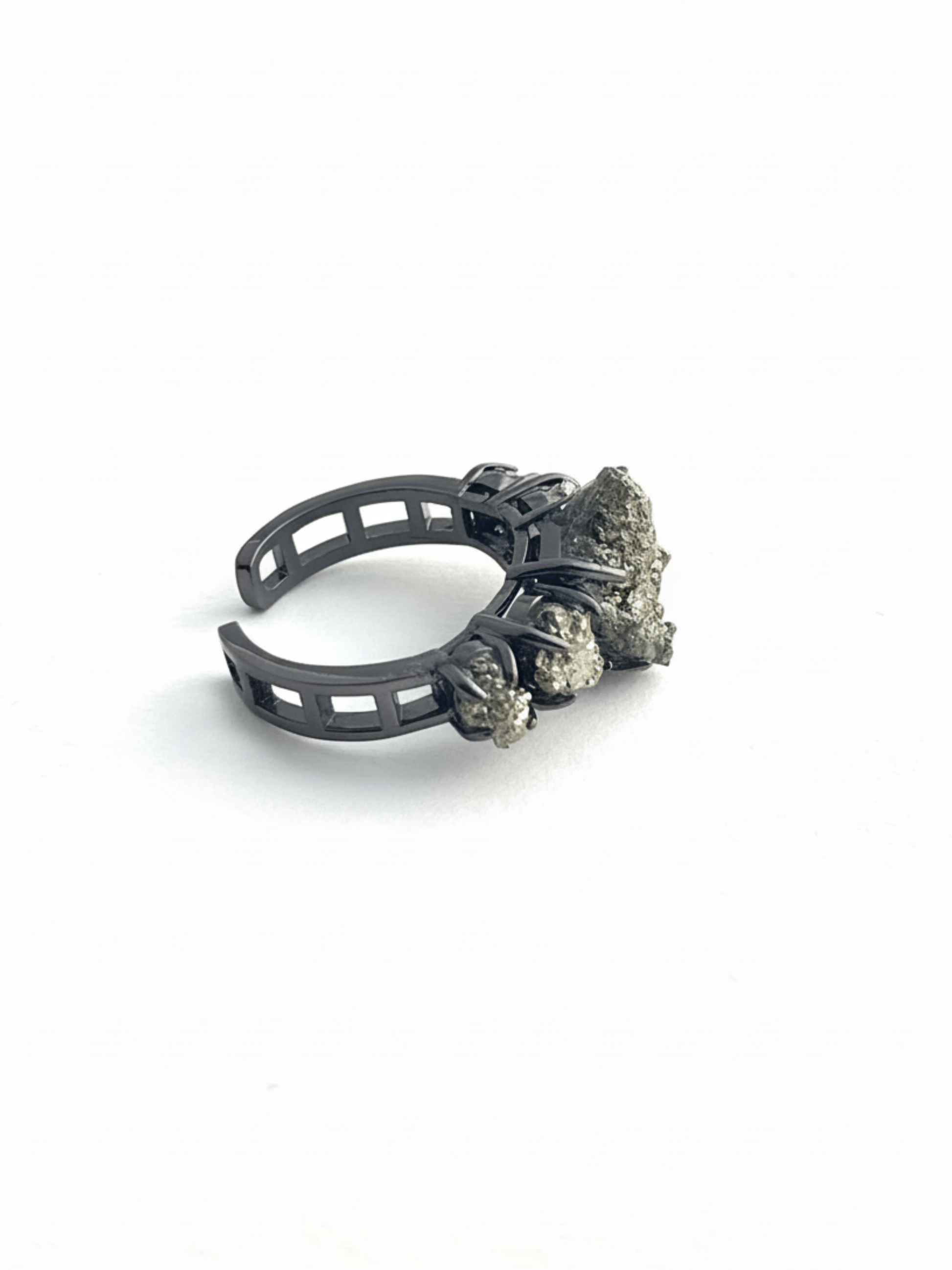 Side view of chalcopyrite raw mineral specimen ring