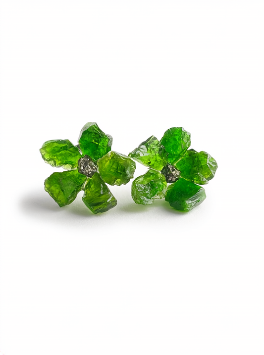 Chrome Diopside and Chalcopyrite flower stud earrings raw mineral design