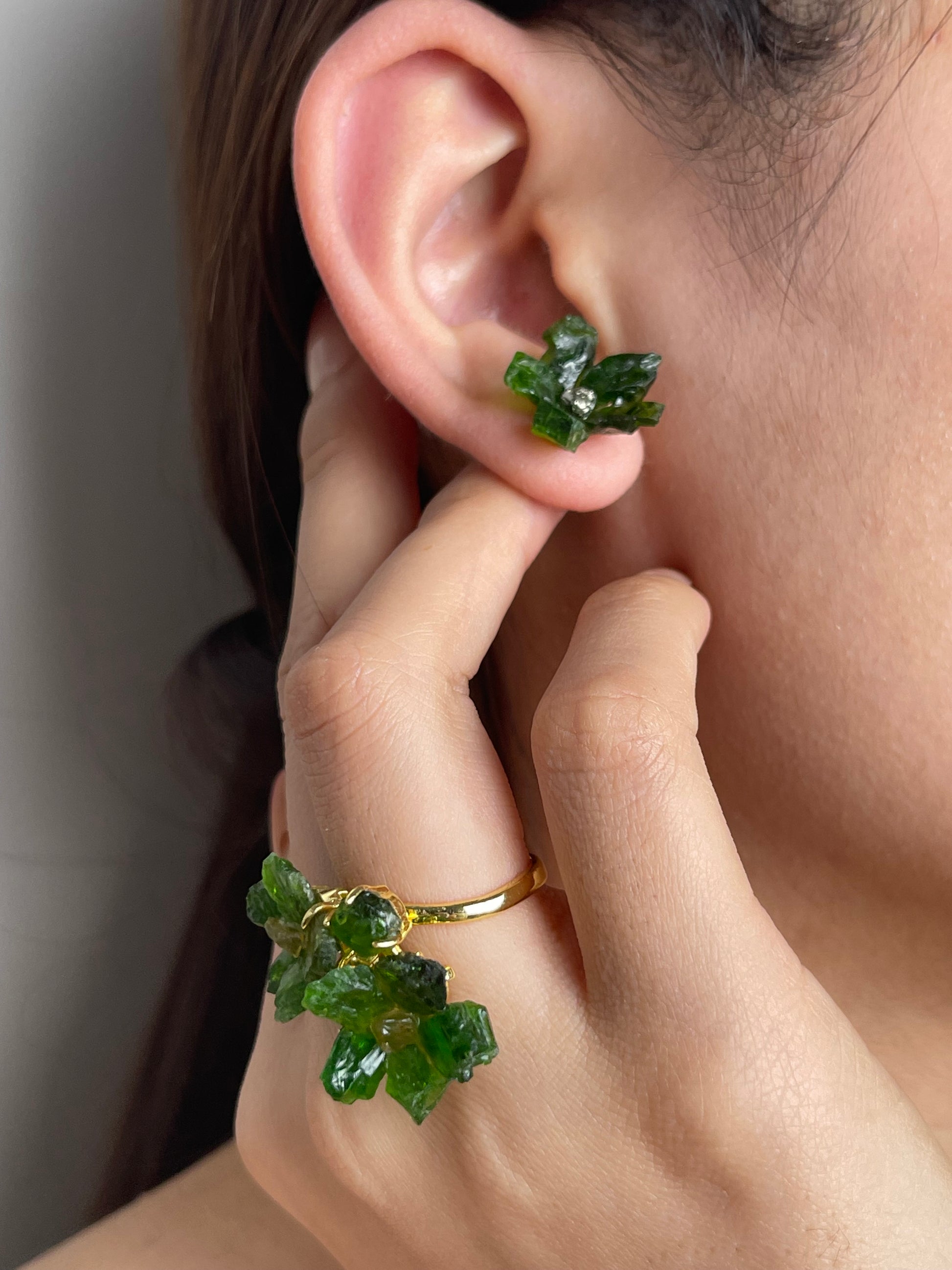 Chrome Diopside Chalcopyrite flower earrings worn