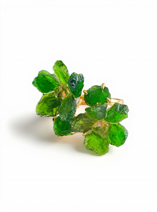 Chrome Diopside and Citrine raw crystal floral ring front view