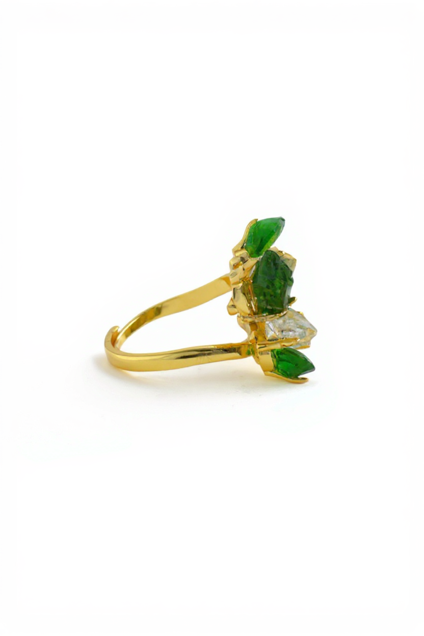 side view chrome diopside herkimer diamond crystal ring
