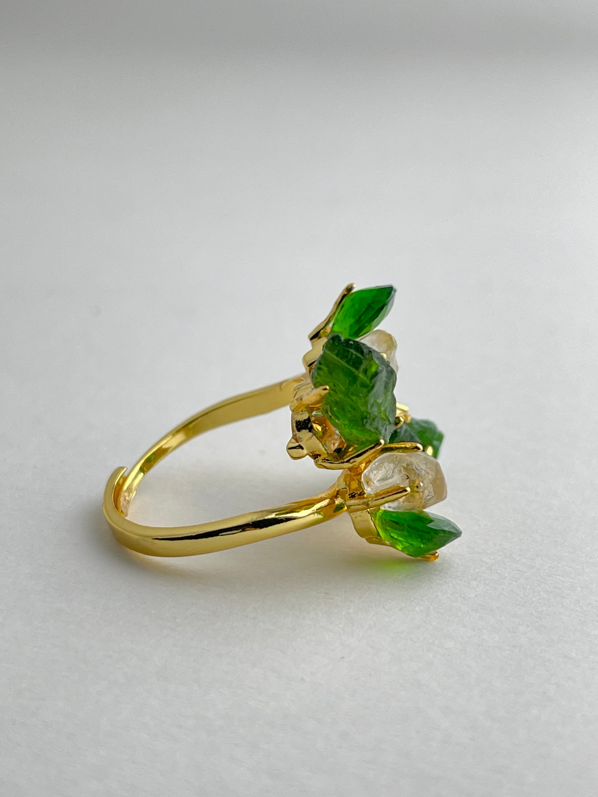 side view chrome diopside herkimer diamond crystal ring
