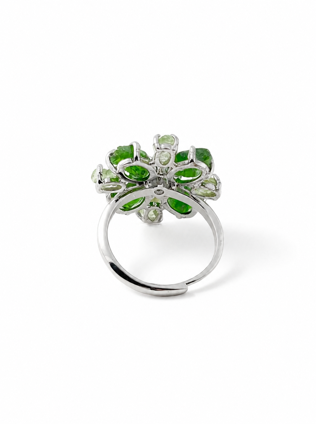 Back view of Chrome Diopside and Peridot snowflake raw crystal ring