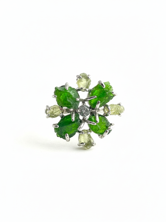 Chrome Diopside and Peridot snowflake raw crystal ring front view