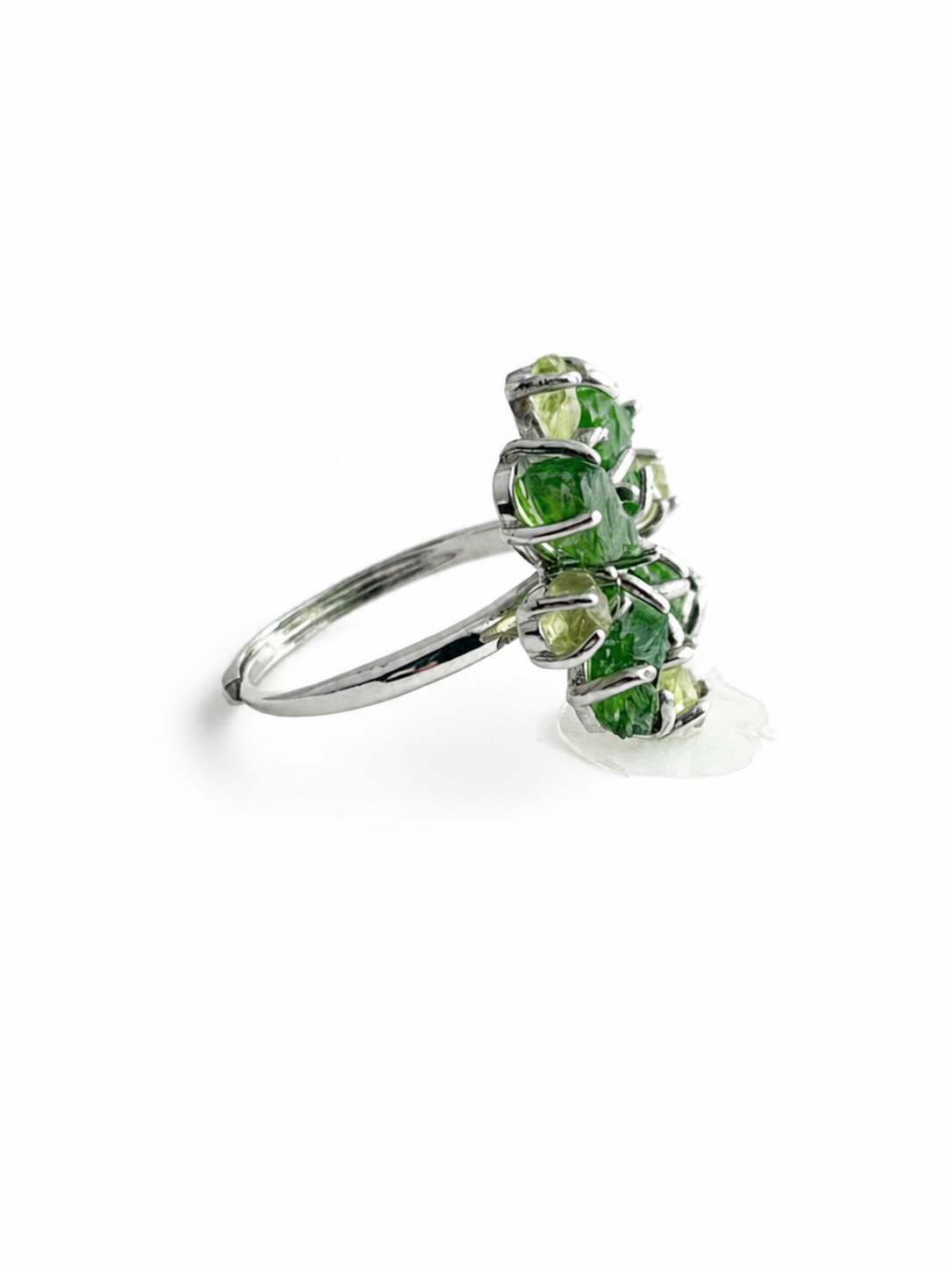 Side view of Chrome Diopside and Peridot snowflake raw crystal ring