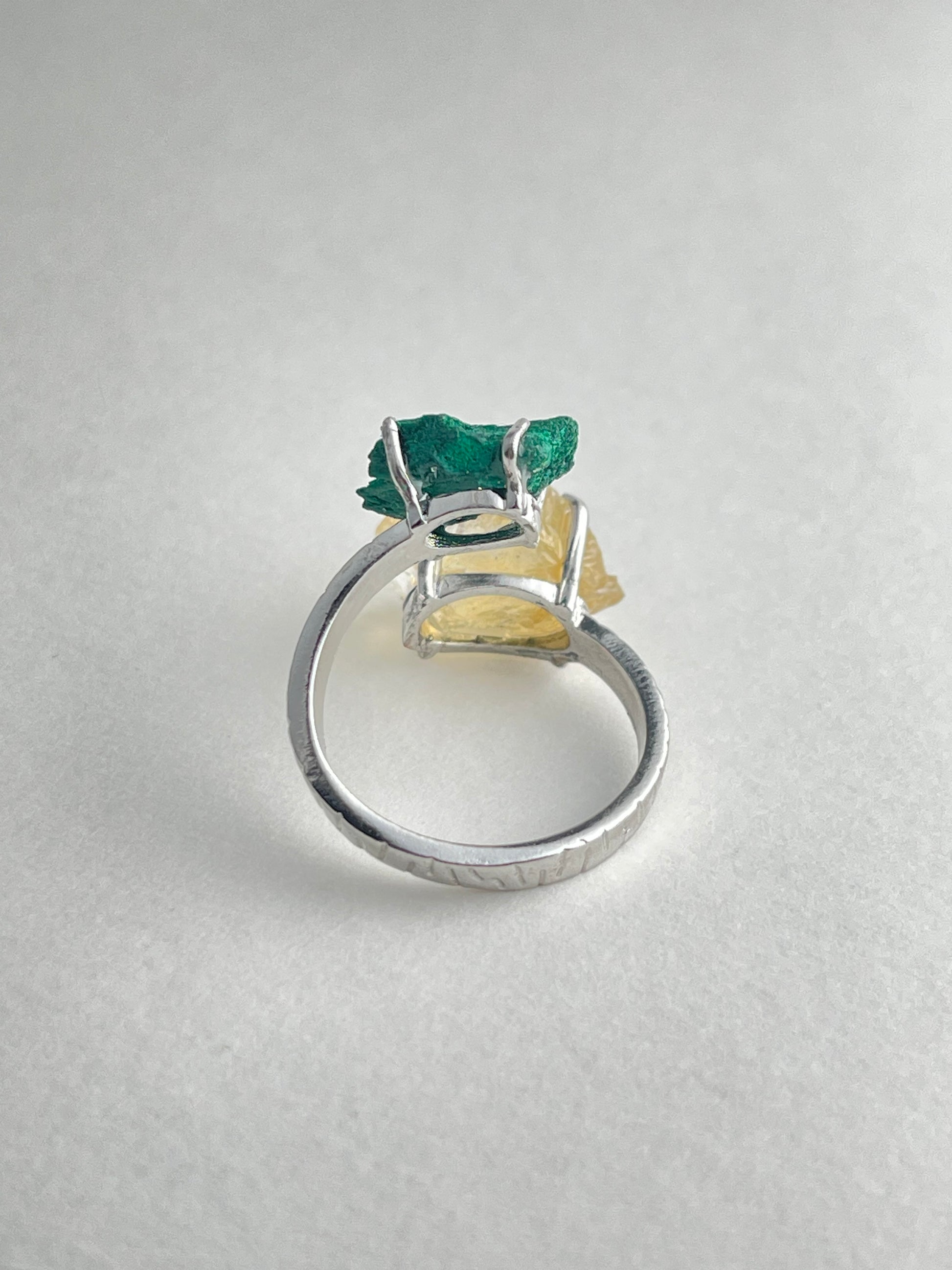 Back view of Citrine and Fibrous Malachite ring with open band design