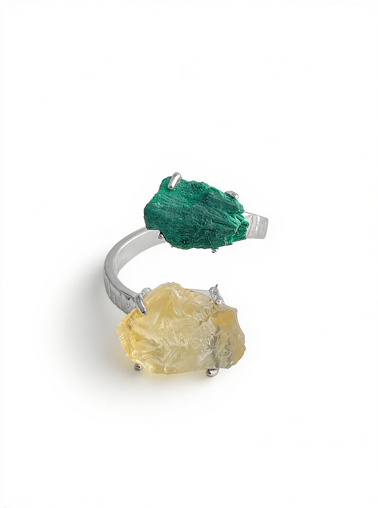 Citrine and Fibrous Malachite raw crystal ring front view in silver tone