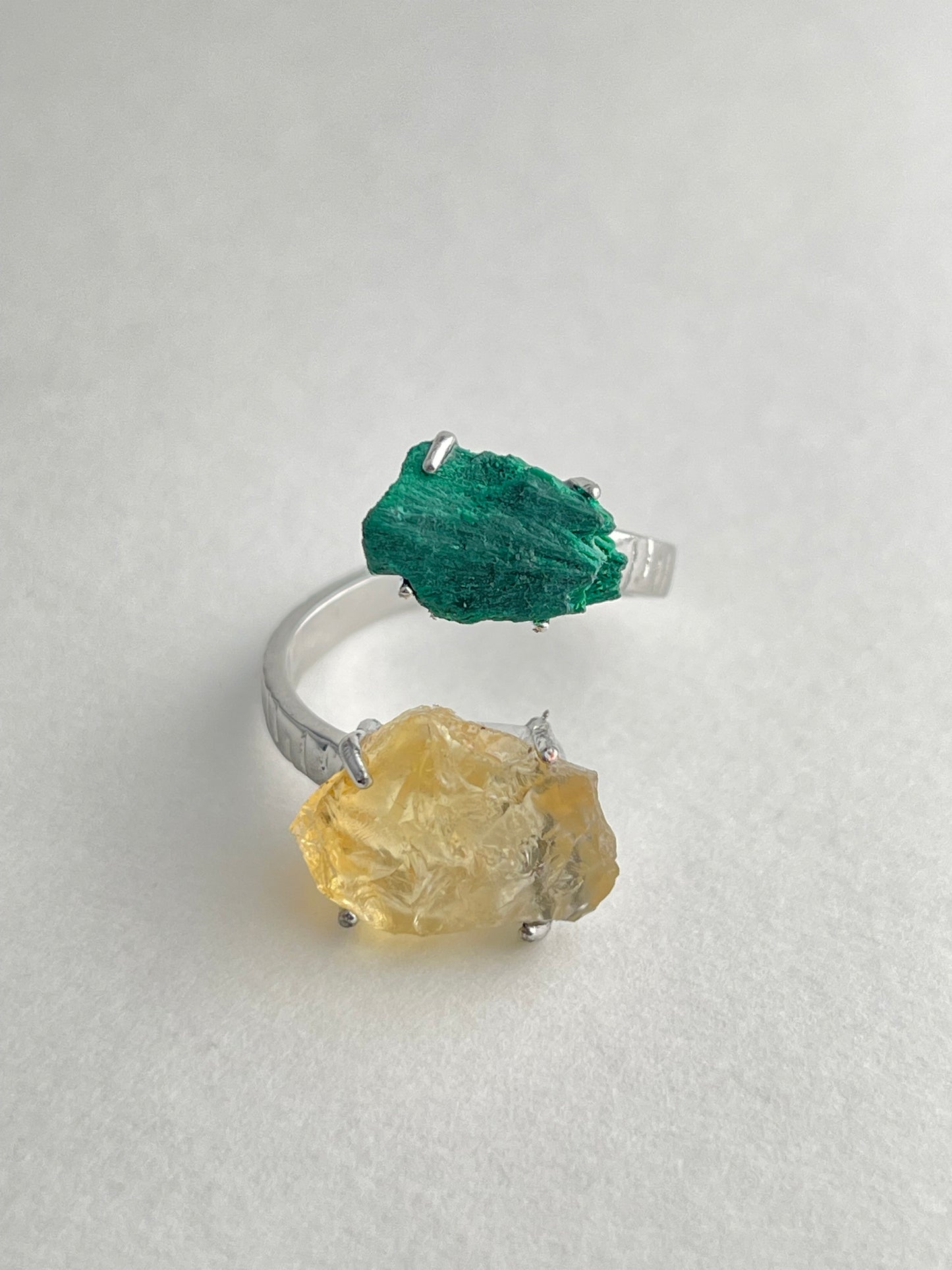 Citrine and Fibrous Malachite raw crystal ring front view in silver tone