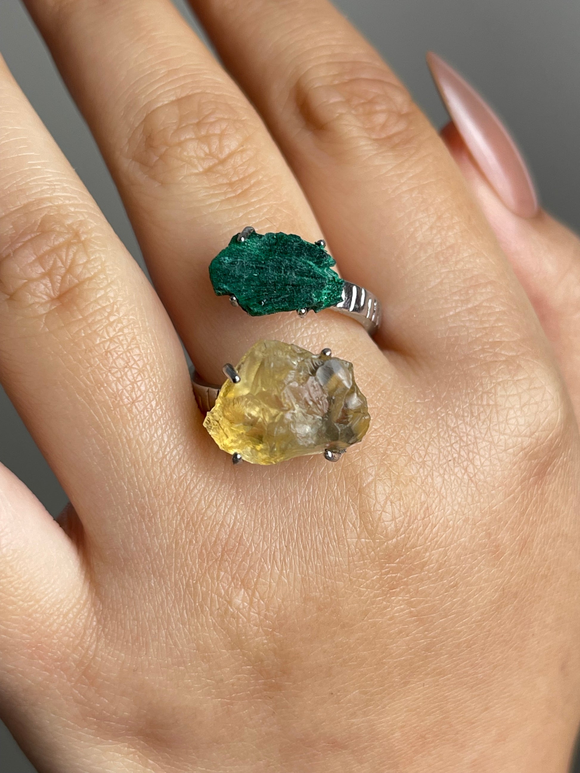 Close-up of Citrine and Fibrous Malachite ring showing raw crystal texture on hand