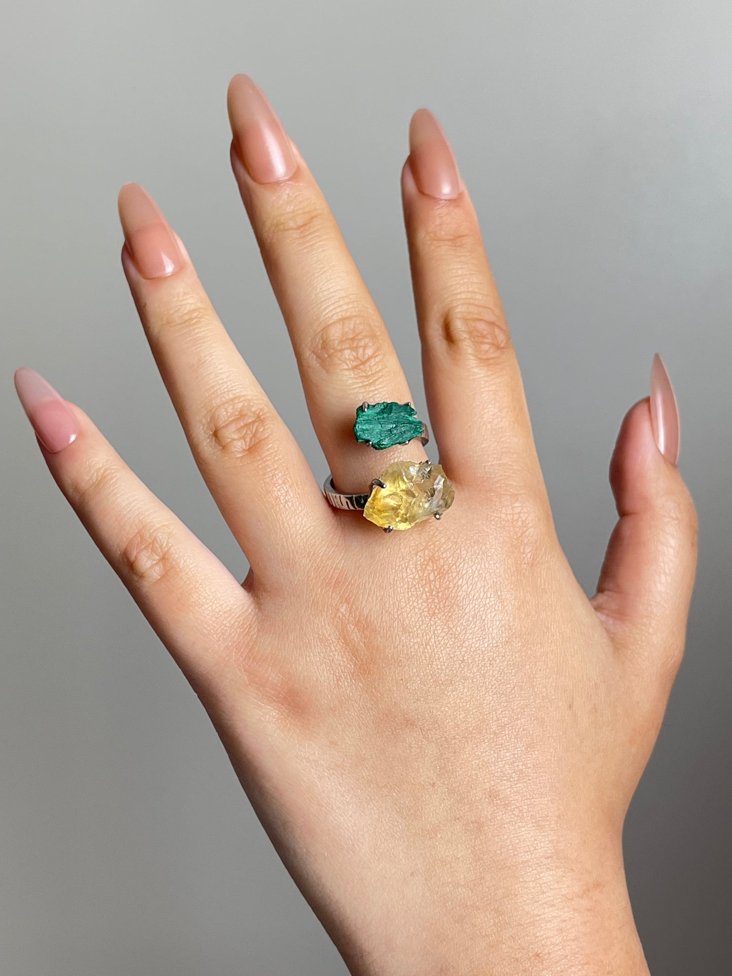 Citrine and Fibrous Malachite crystal ring worn on hand in silver finish
