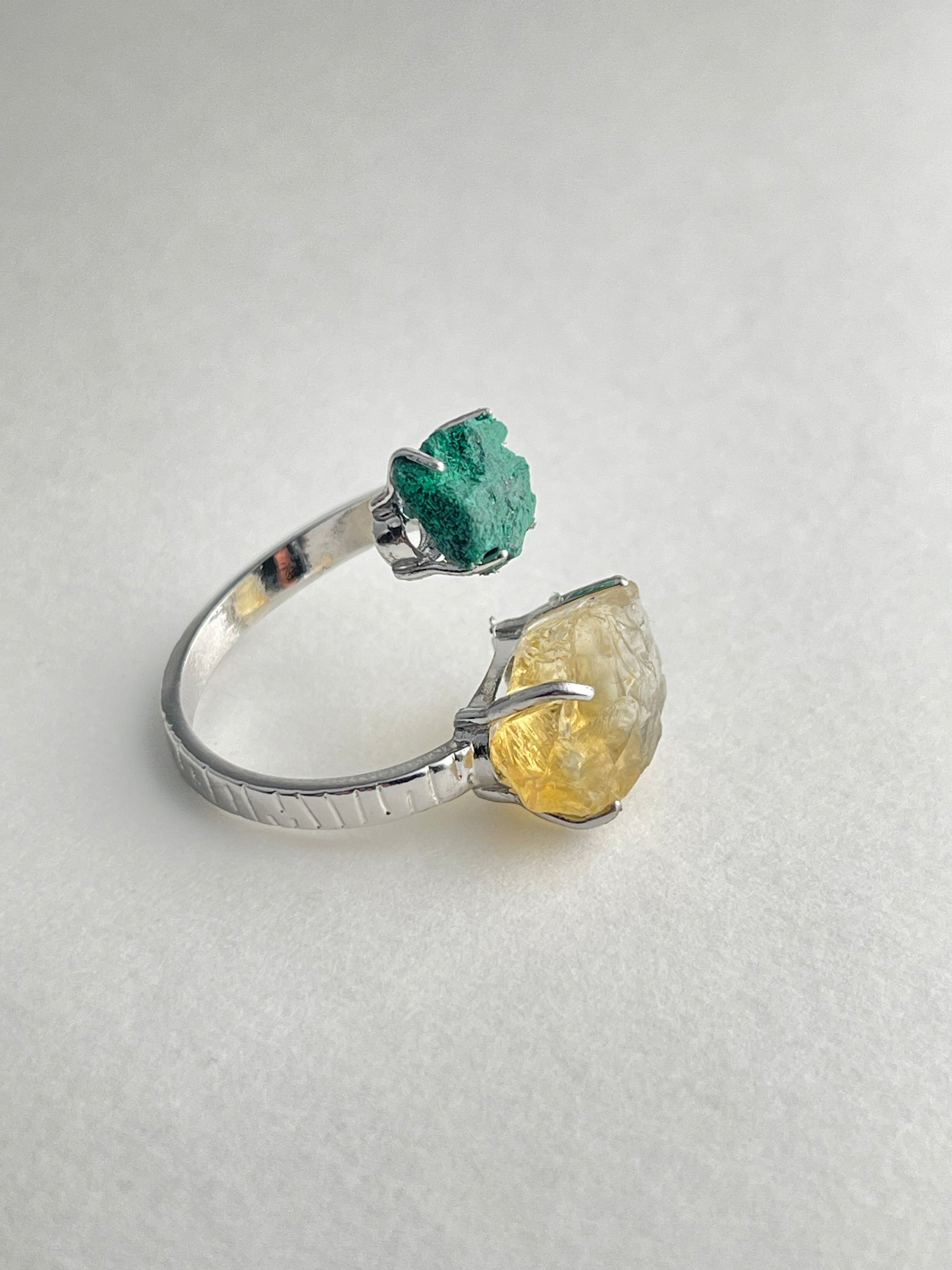 Side view of Citrine and Fibrous Malachite ring with adjustable band