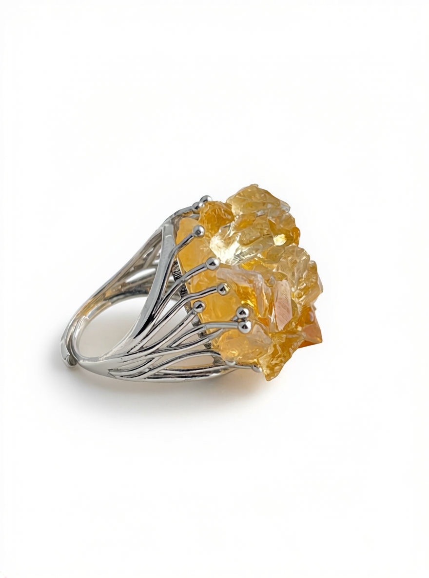 Side view of citrine bouquet ring with hand-assembled raw crystals