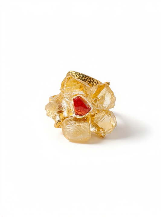 Citrine and Garnet Flower Ring front view by Oryssia
