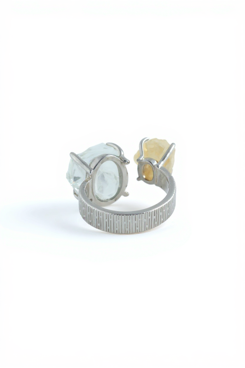Back view of adjustable Citrine and Green Quartz ring