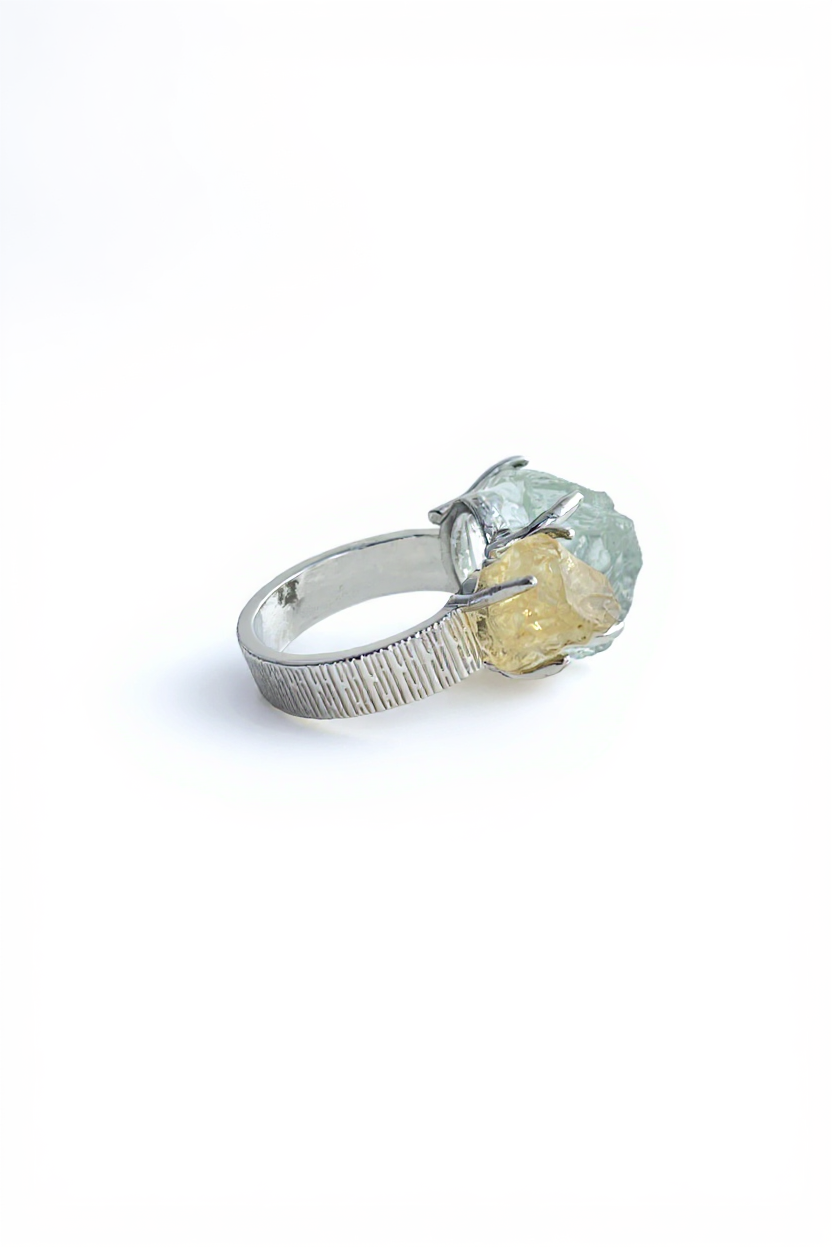 Side view of Citrine and Green Quartz open ring