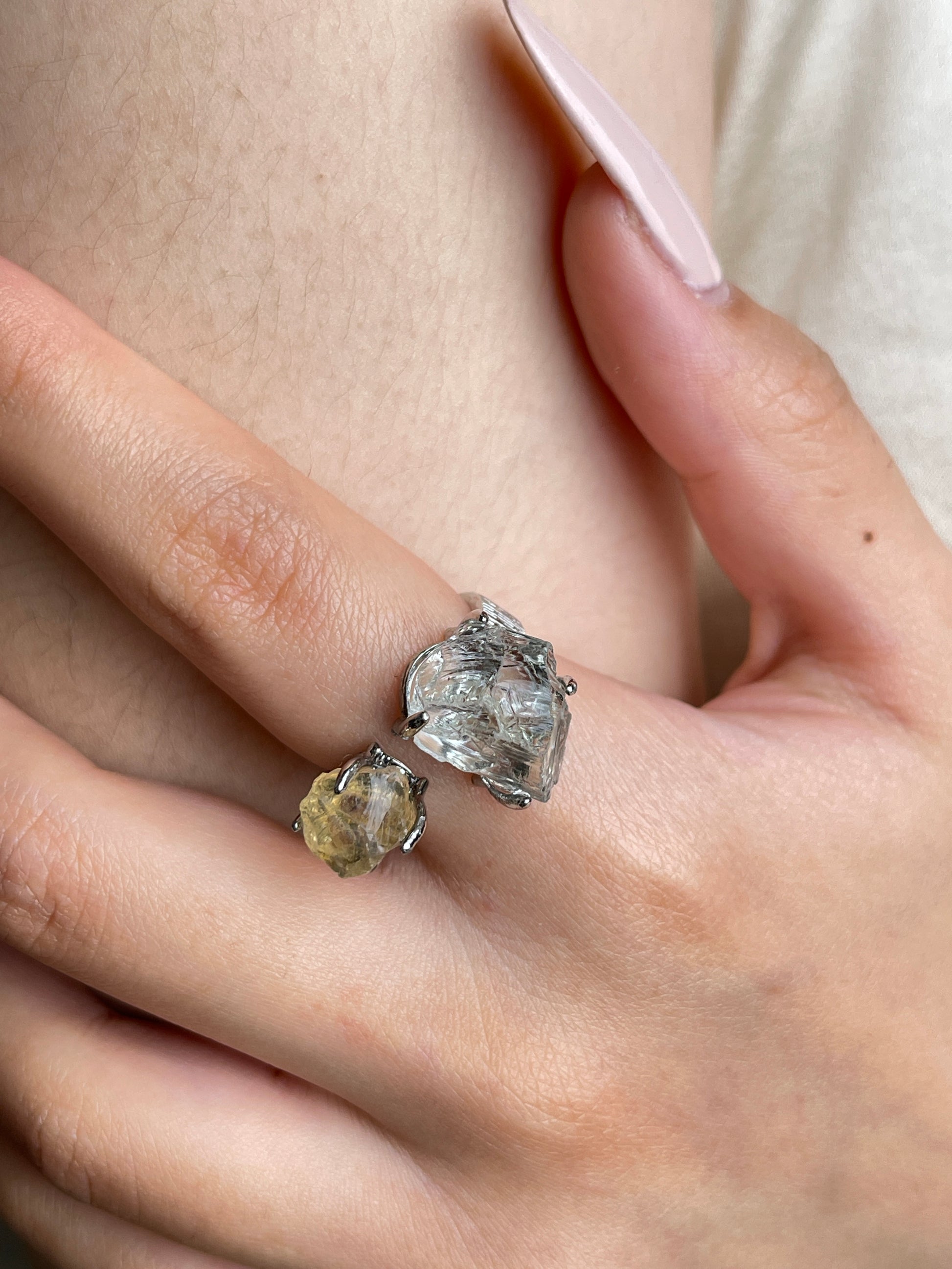 Close up of raw Citrine and Green Quartz ring on hand