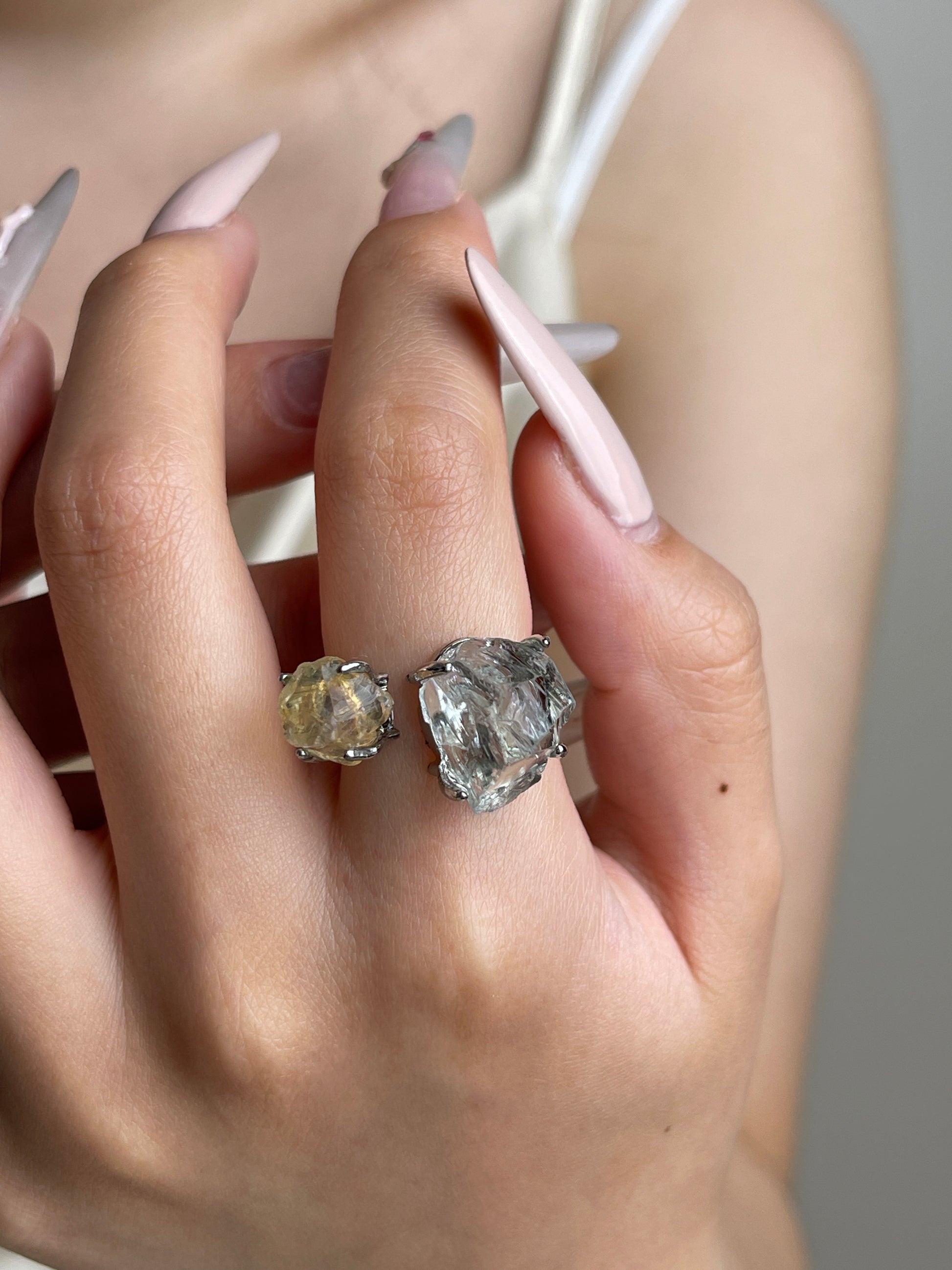 Raw Citrine and Green Quartz open ring worn on hand