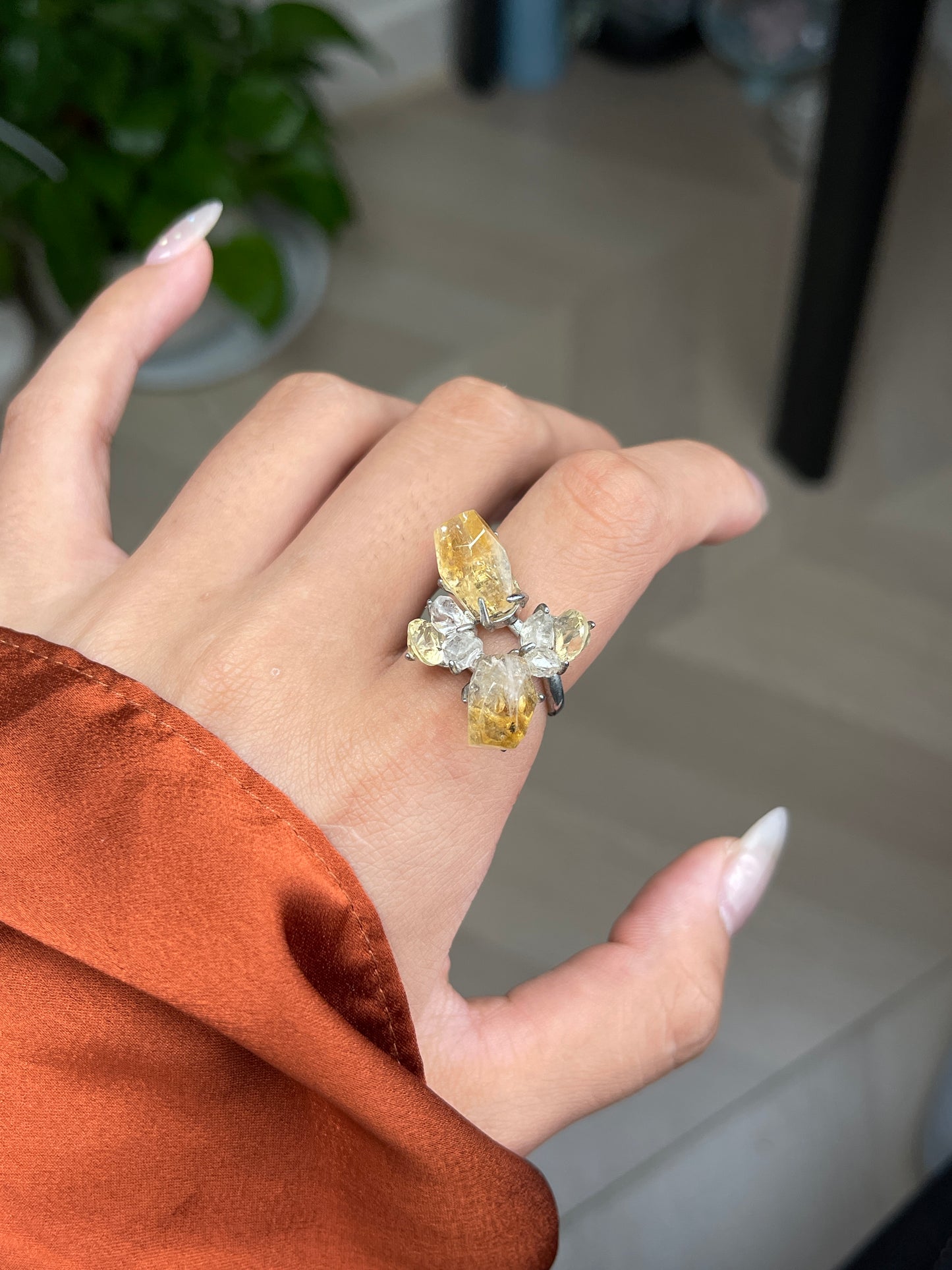 close up citrine herkimer diamond crystal blossom ring
