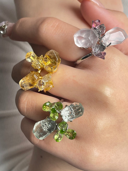 close up citrine herkimer diamond crystal blossom ring