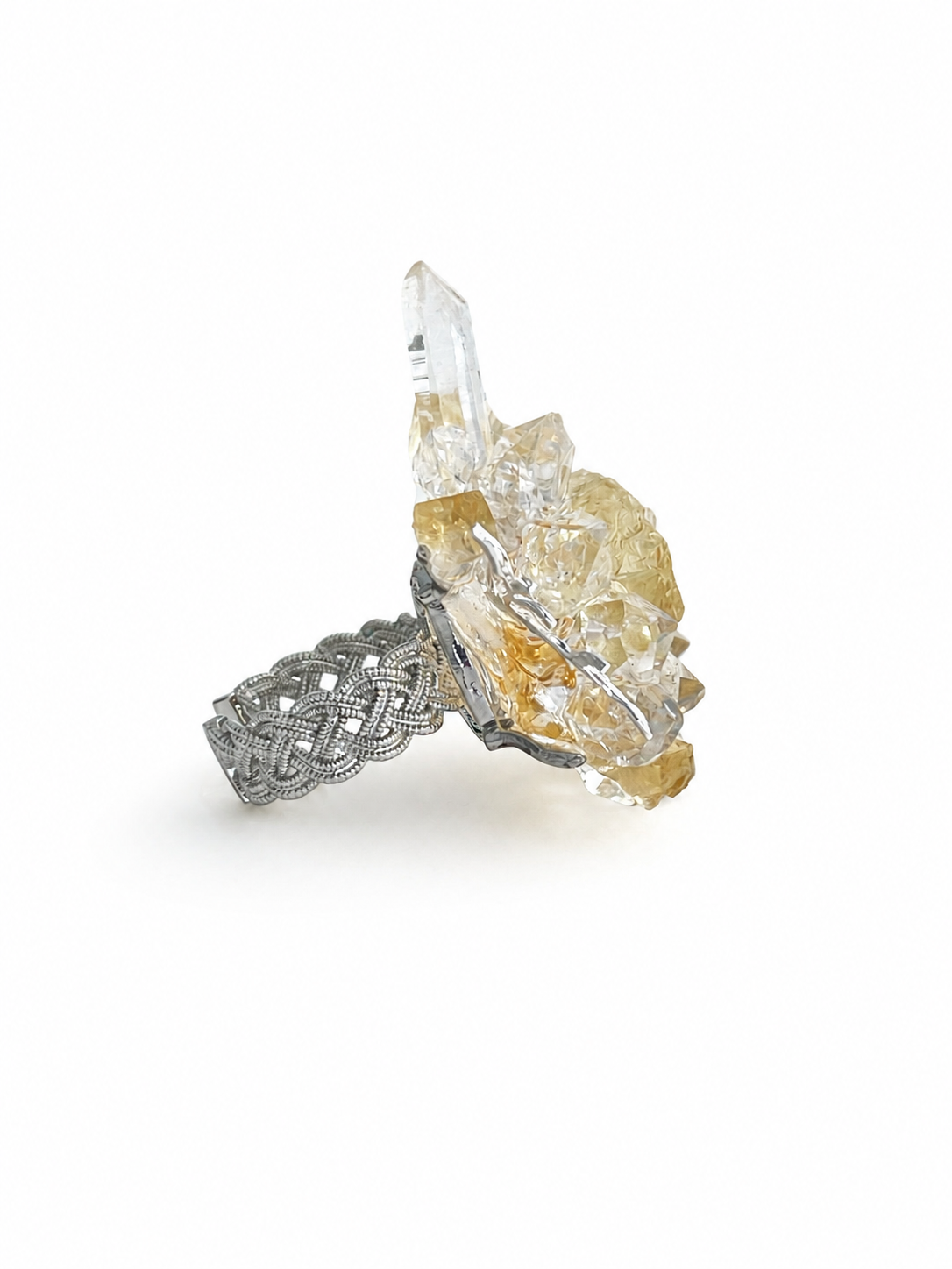 Side view of citrine Herkimer Diamond Quartz and Lemurian seed quartz flower ring