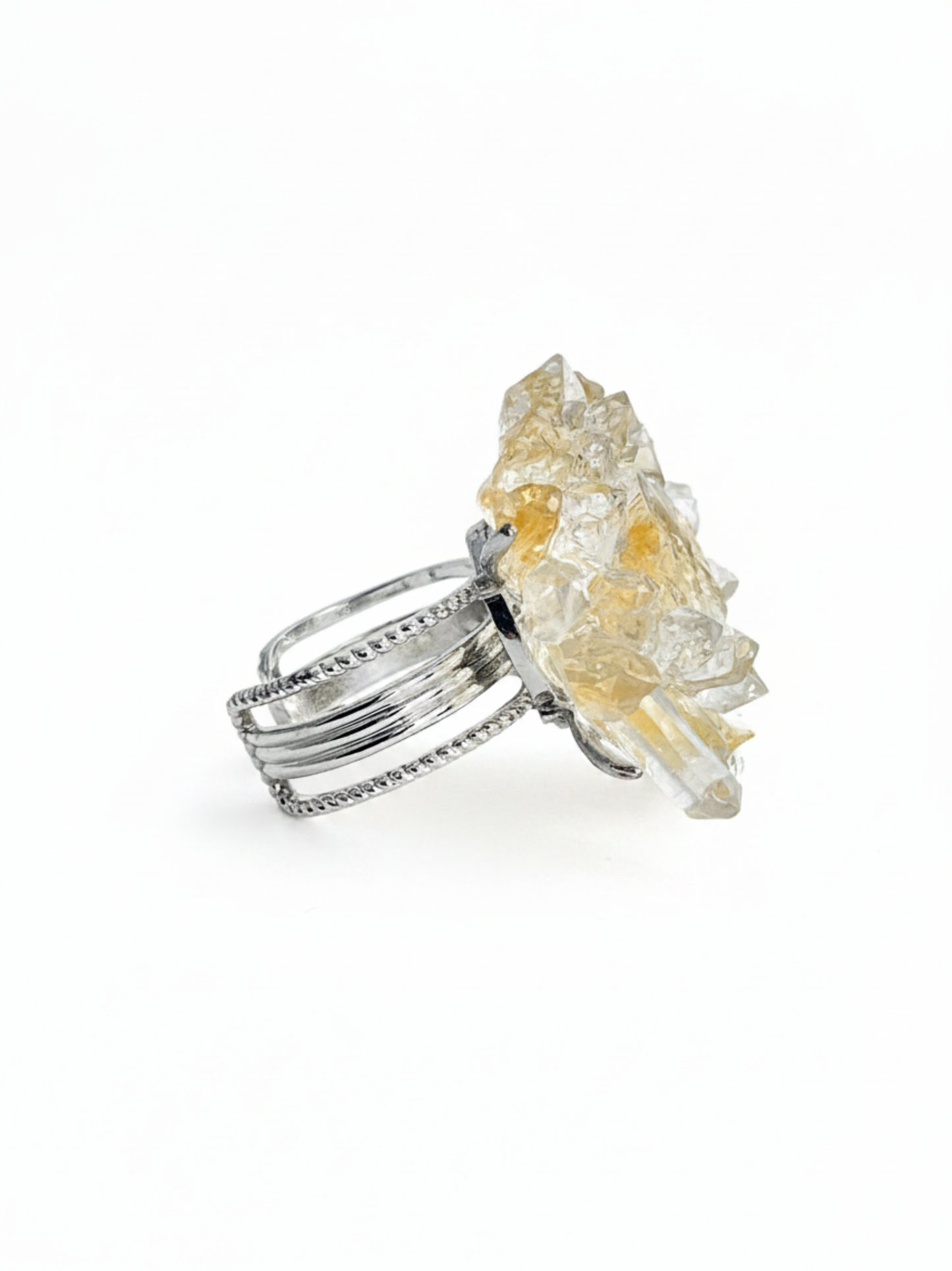 Side view of citrine Herkimer Diamond Quartz and Lemurian seed quartz flower ring