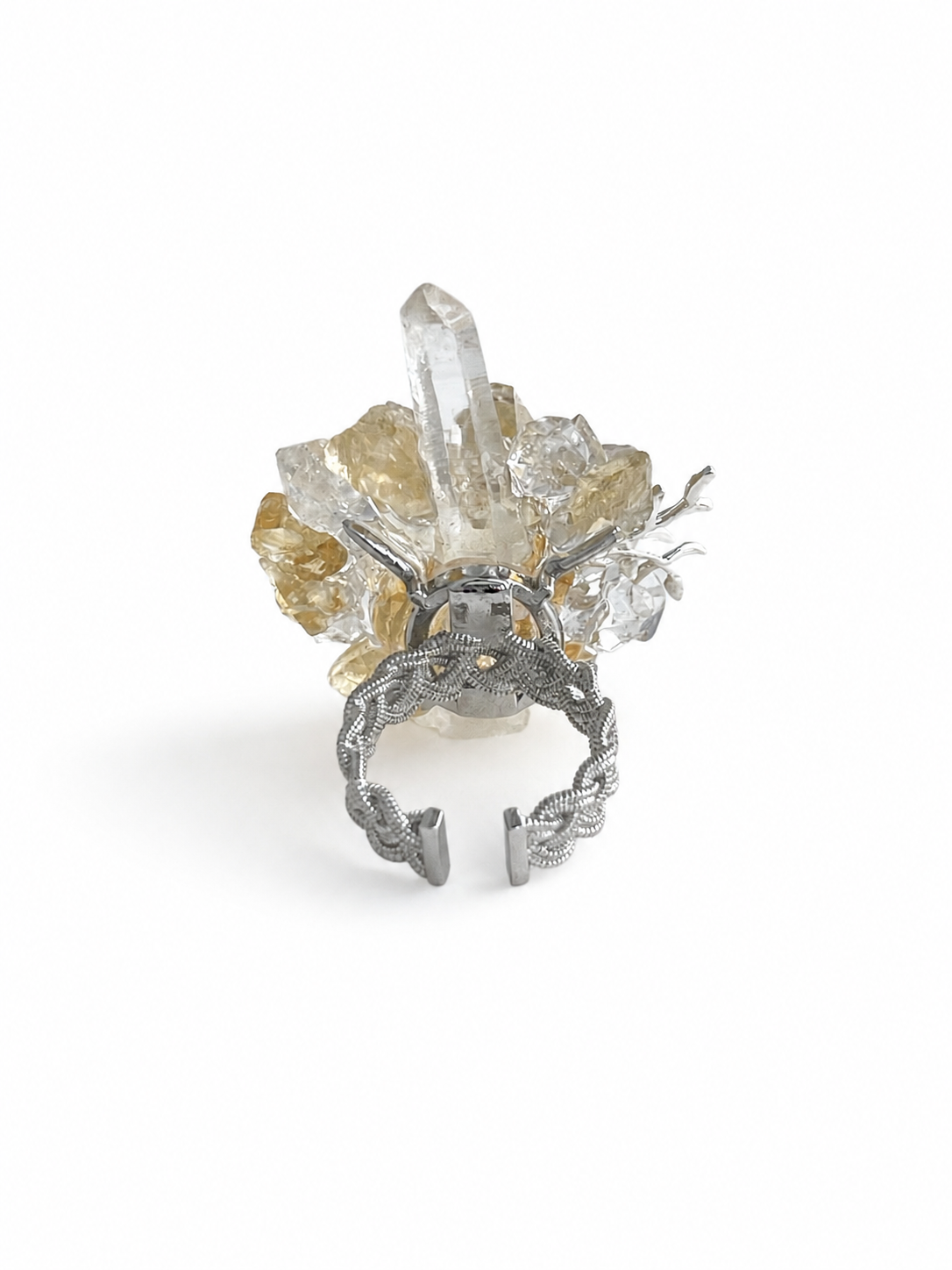 Back view of adjustable citrine and quartz flower ring