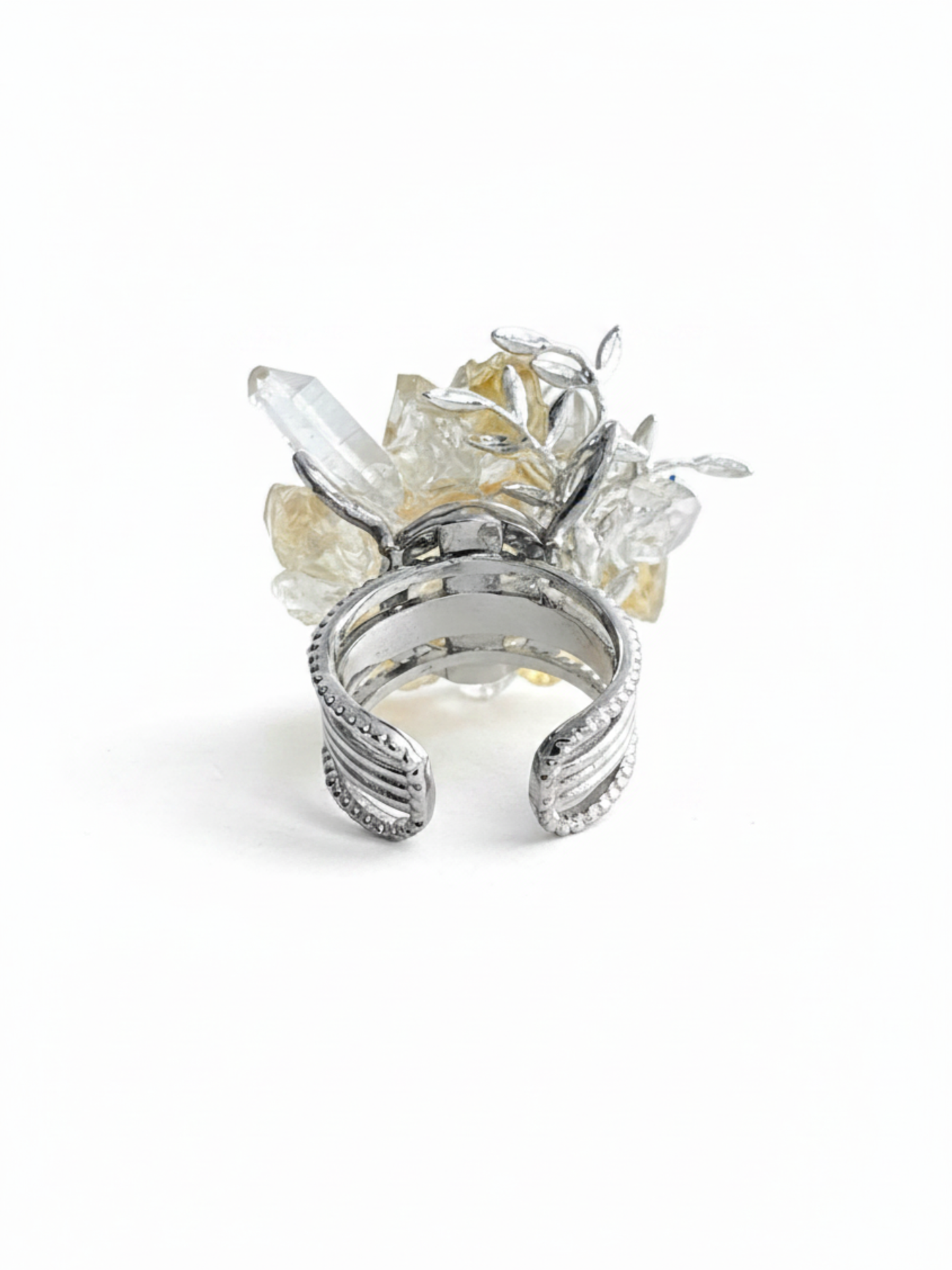 Back view of adjustable citrine and quartz flower ring