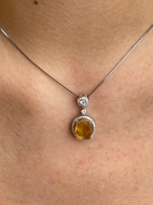 Close-up of citrine necklace with Brazilian Citrine worn on neck