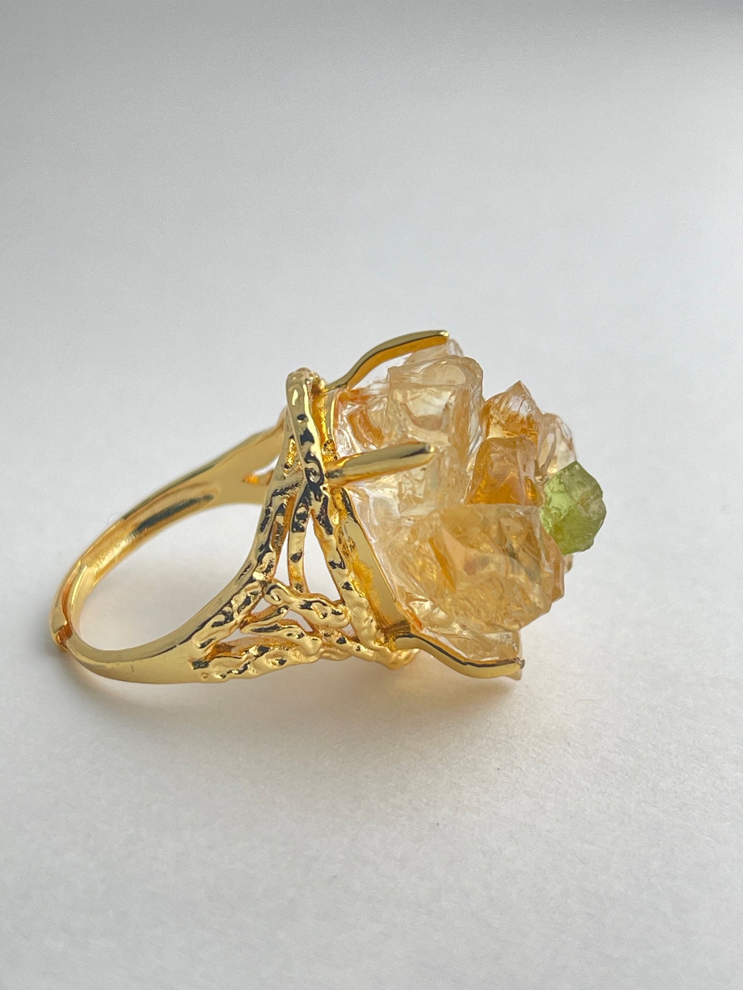 side view citrine peridot crystal flower ring