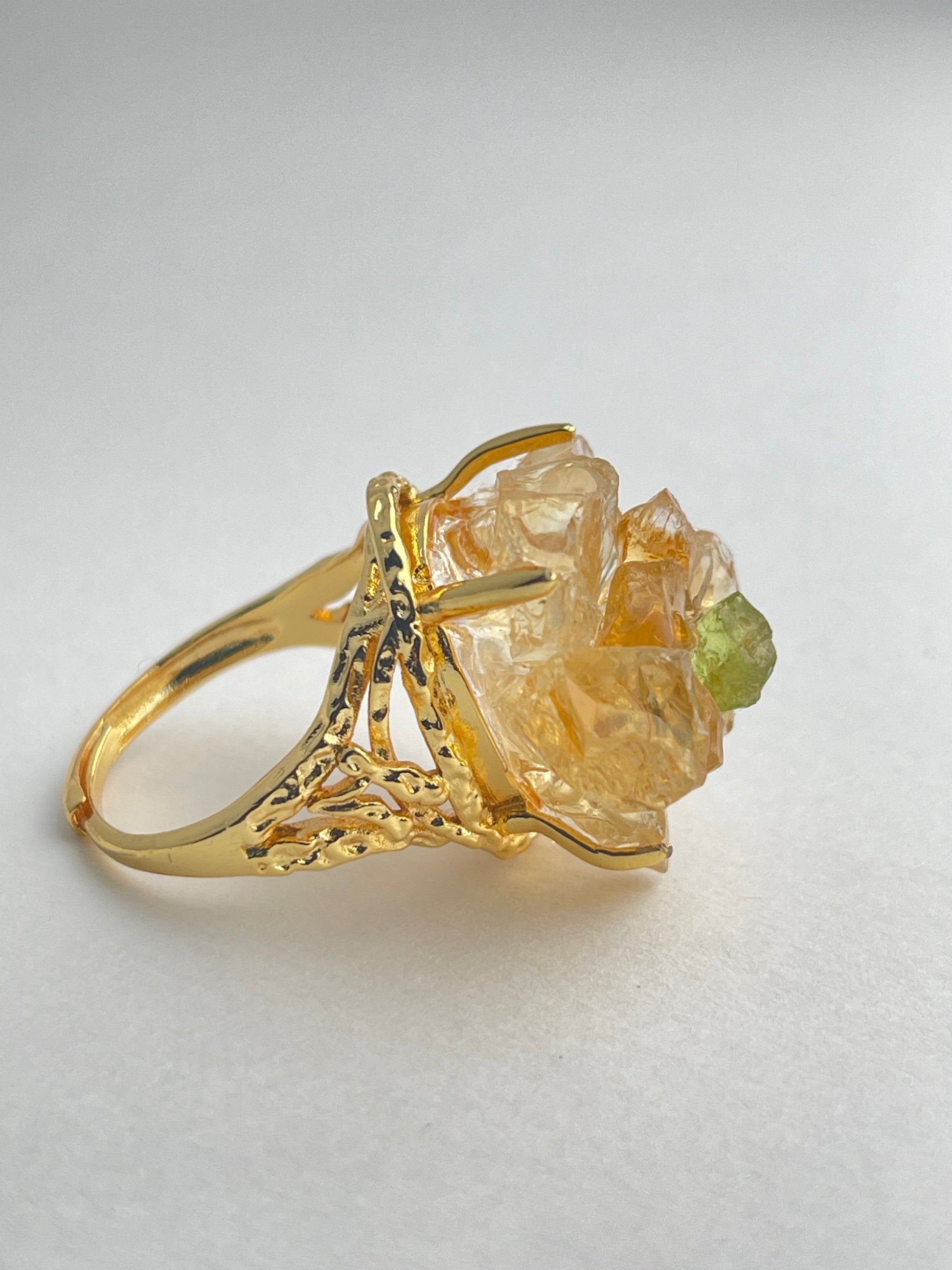 side view citrine peridot crystal flower ring