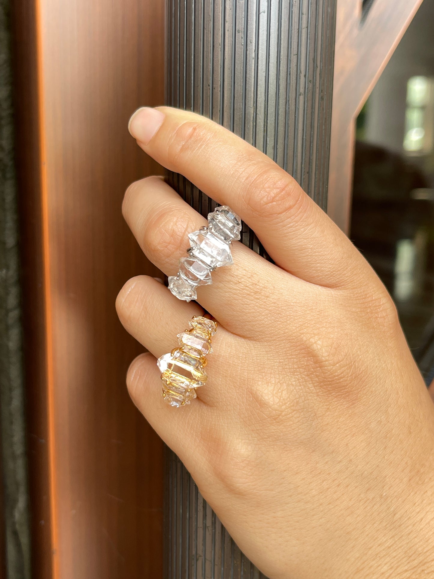 close up clear herkimer diamond quartz row ring