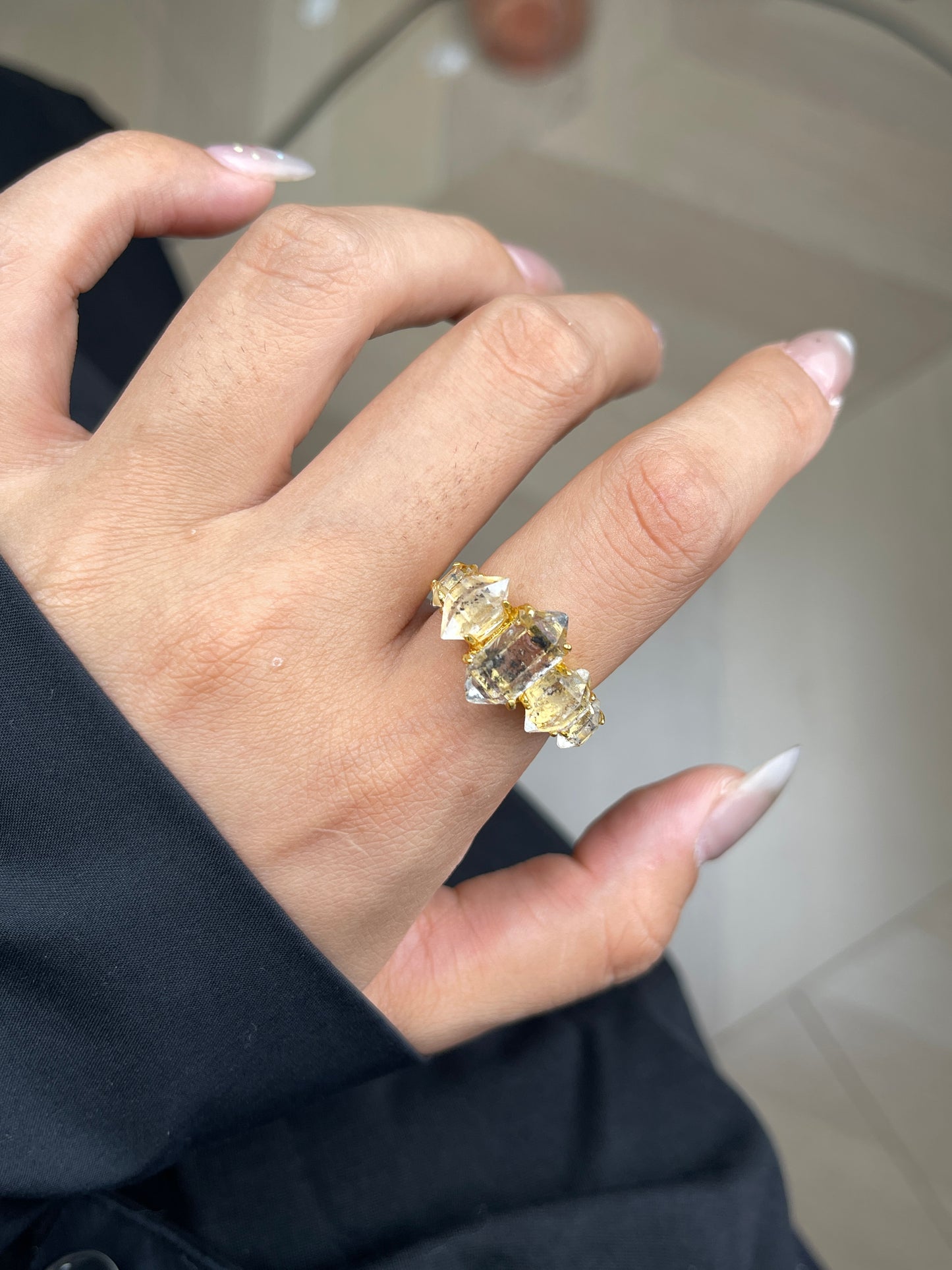 close up clear herkimer diamond quartz row ring