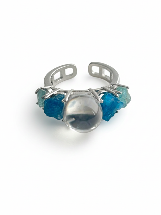 Clear quartz, blue apatite and aquamarine ring front view in silver tone finish