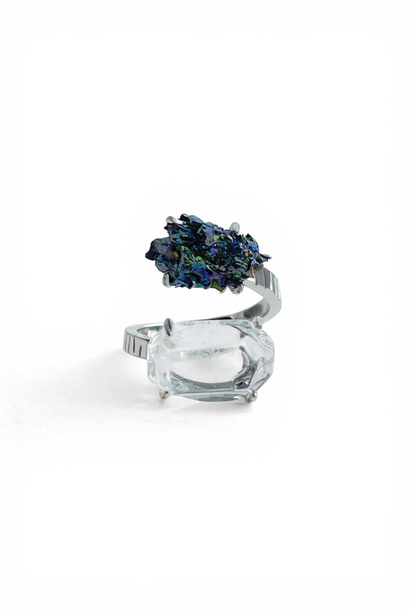 Clear Quartz and Carborundum open ring front view