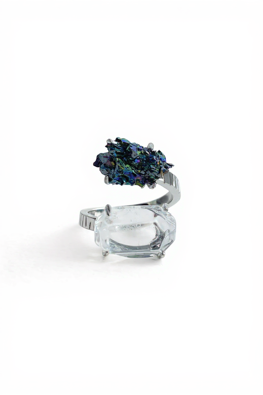 Clear Quartz and Carborundum open ring front view
