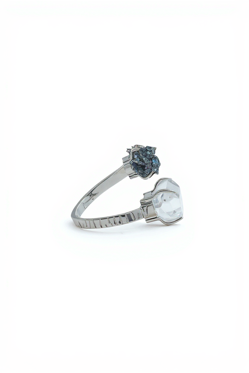 Side view of Clear Quartz and Carborundum open ring