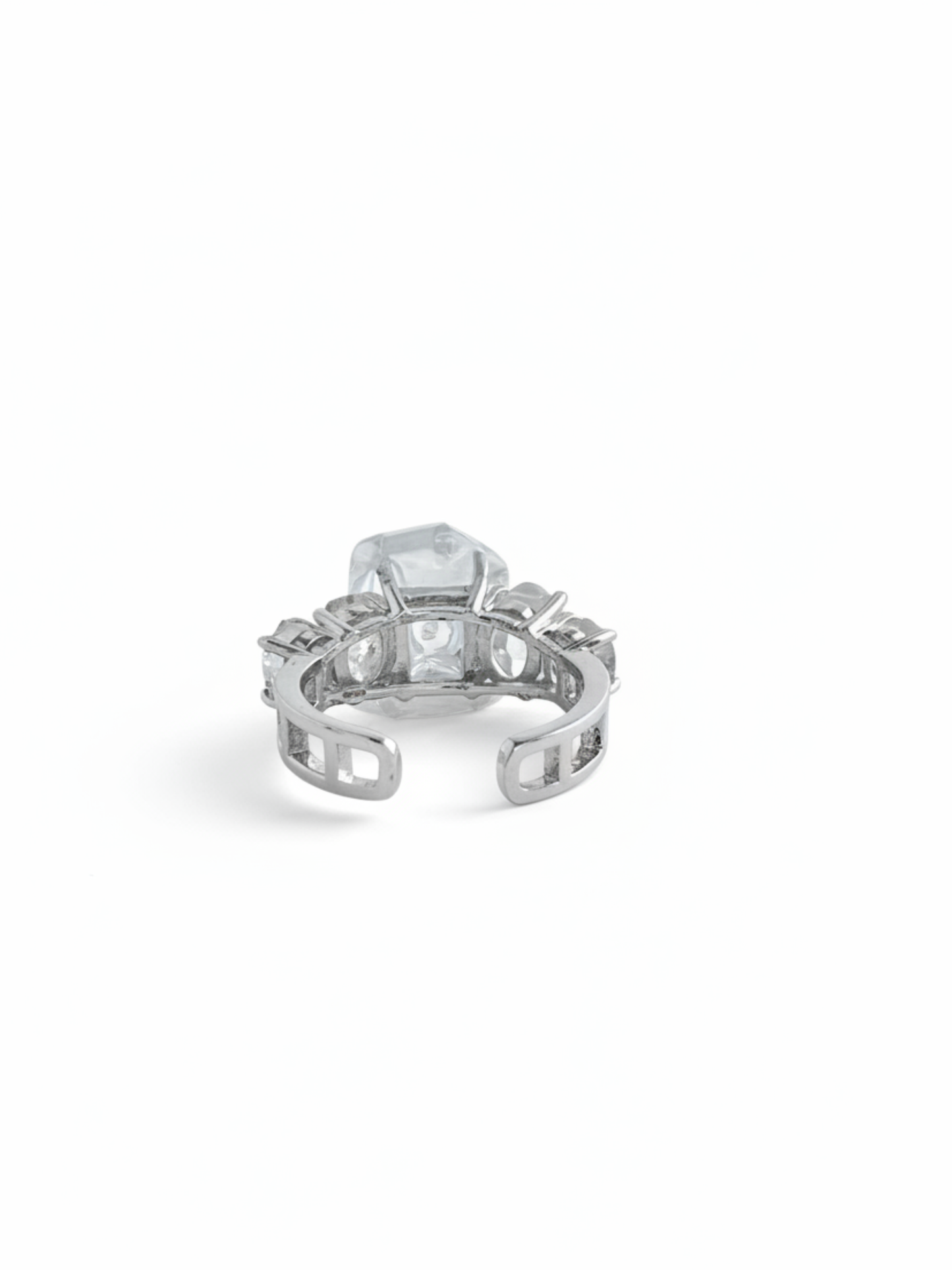 Back view of Clear Quartz cube ring with Herkimer Diamond Quartz side crystals