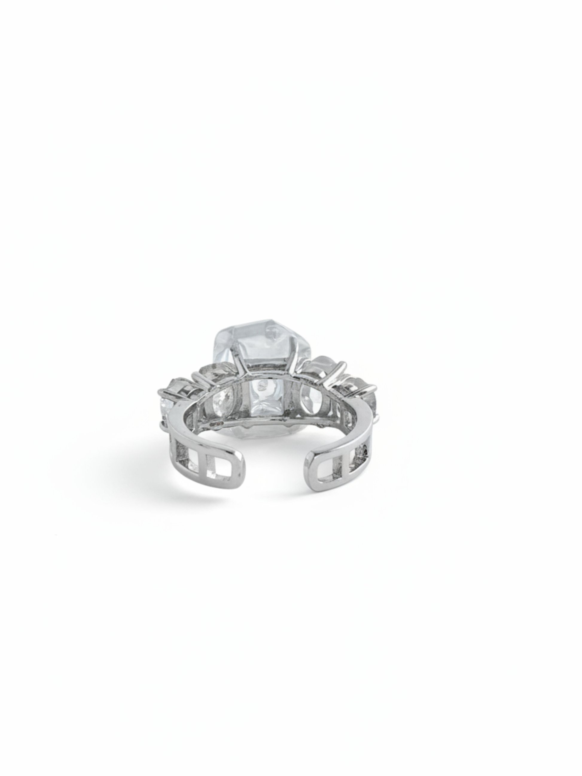 Back view of Clear Quartz cube ring with Herkimer Diamond Quartz side crystals