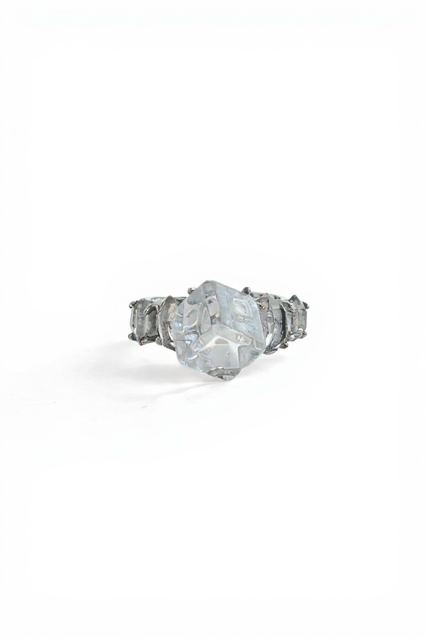 Clear Quartz cube and Herkimer Diamond Quartz ring front view