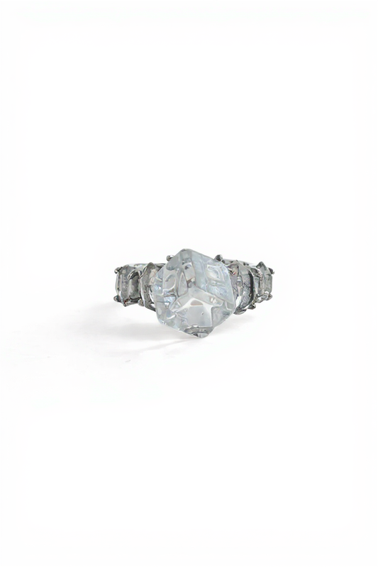 Clear Quartz cube and Herkimer Diamond Quartz ring front view
