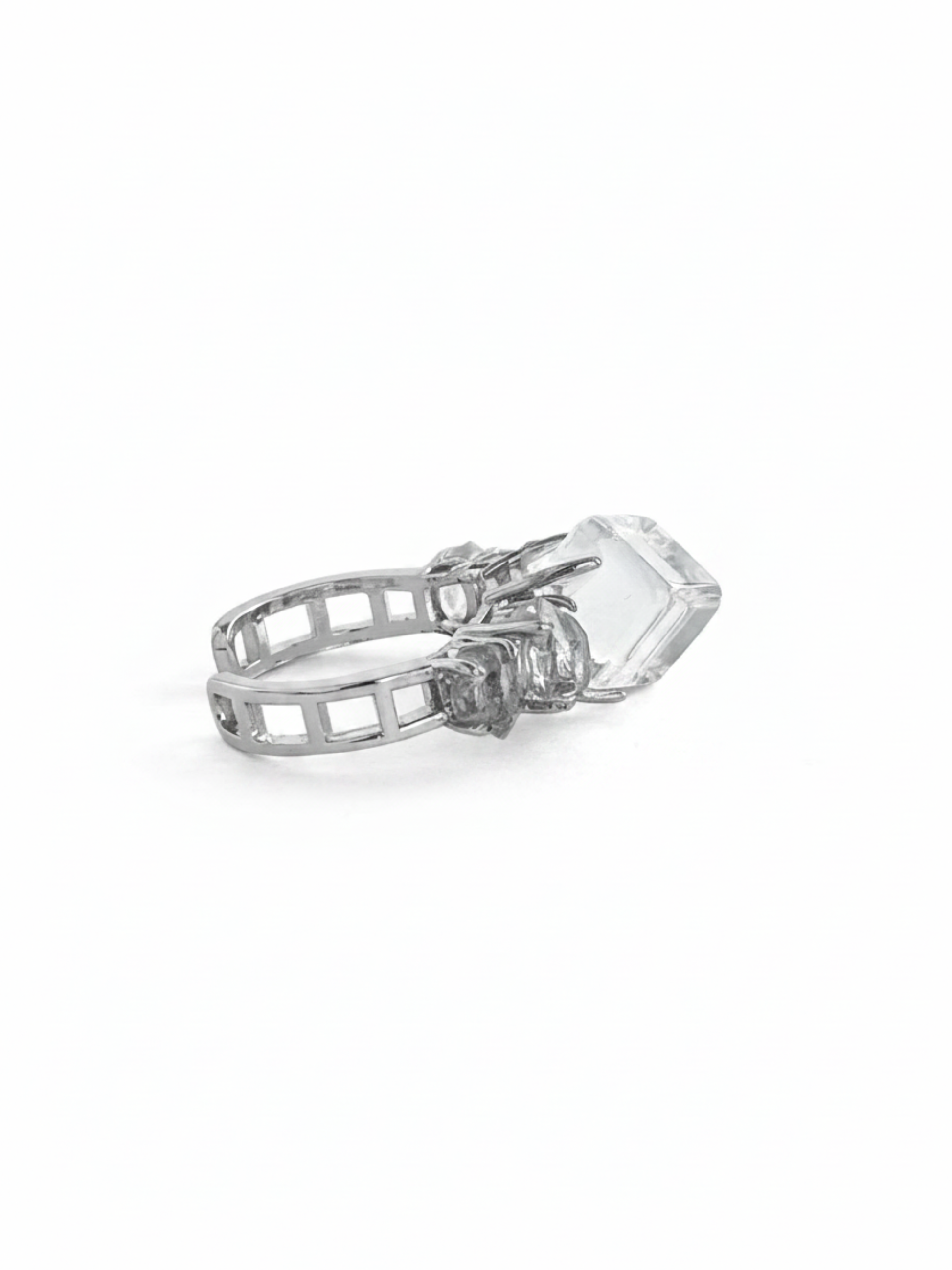 Side view of Clear Quartz cube and Herkimer Diamond Quartz crystal ring