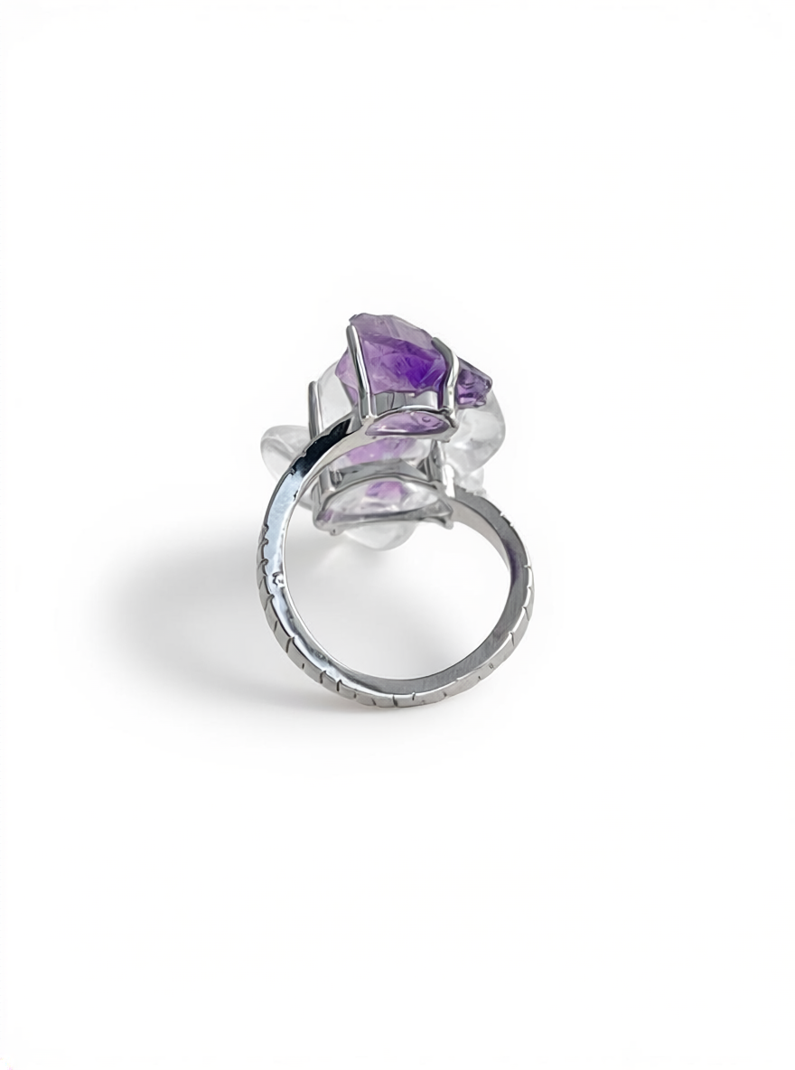 Clear Quartz Flower Ring with raw Amethyst, back view