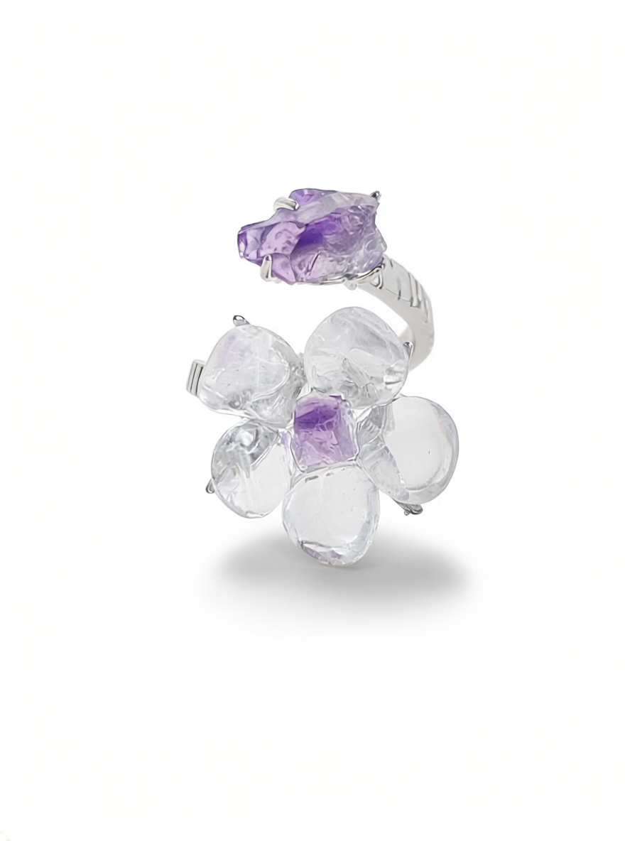 Clear Quartz Flower Ring with raw Amethyst, front view