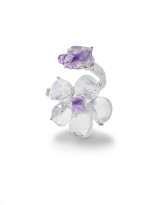Clear Quartz Flower Ring with raw Amethyst, front view