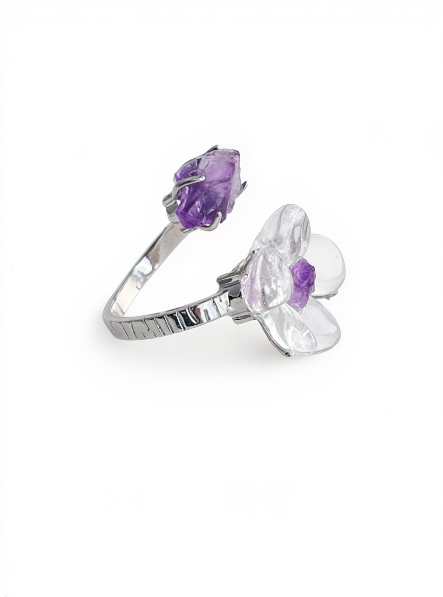 Clear Quartz Flower Ring with raw Amethyst, side view