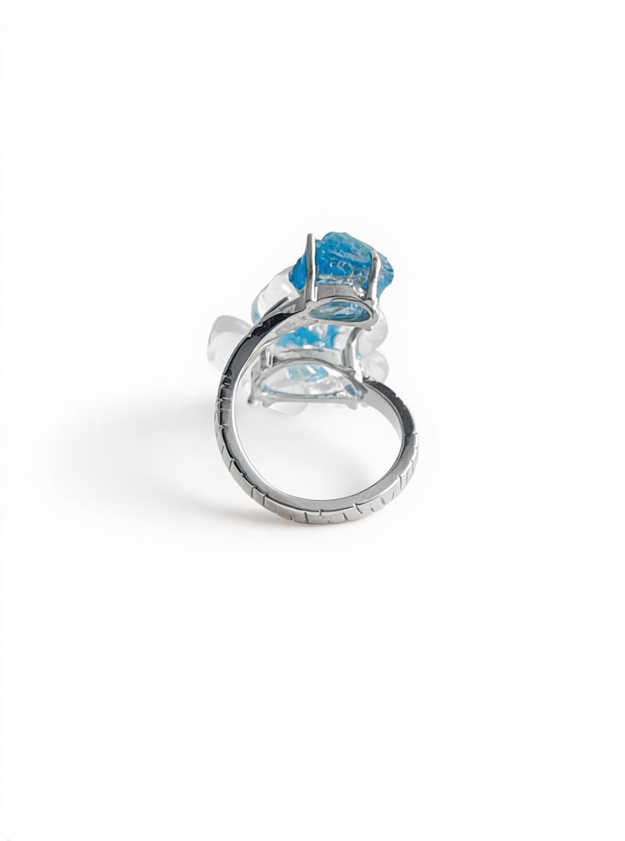 Clear Quartz Flower Ring with raw Blue Apatite, back view