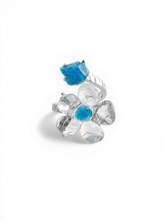 Clear Quartz Flower Ring with raw Blue Apatite, front view