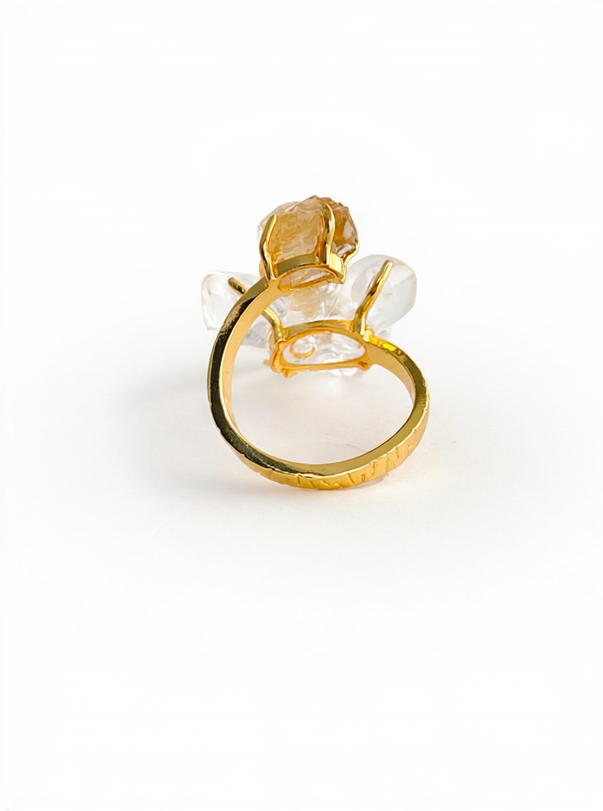 Clear Quartz Flower Ring with raw Citrine, back view