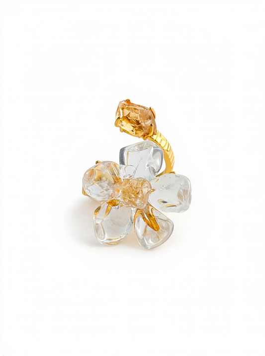 Clear Quartz Flower Ring with raw Citrine, front view